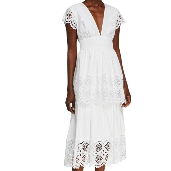 NWT LELA ROSE Embroidered Eyelet Poplin Tiered V-Neck Dress - Picture 2 of 6